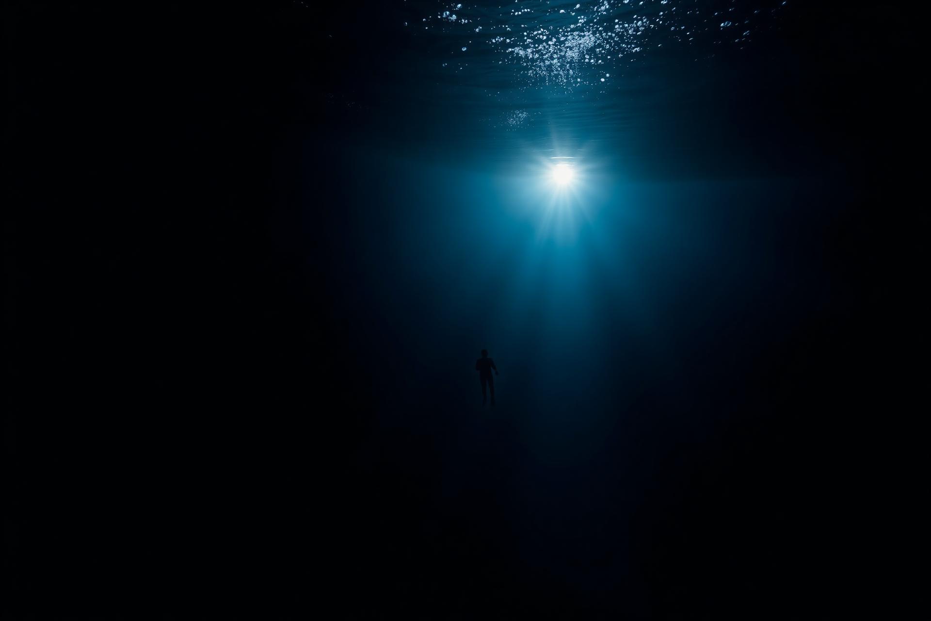 Freediver descending into deep ocean